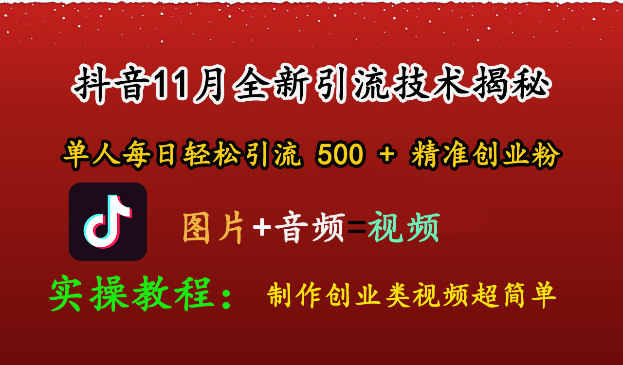 抖音11月全新引流技术，图片+视频 就能轻松制作创业类视频，单人每日轻松引流500+精准创业粉-宁率网络知识库