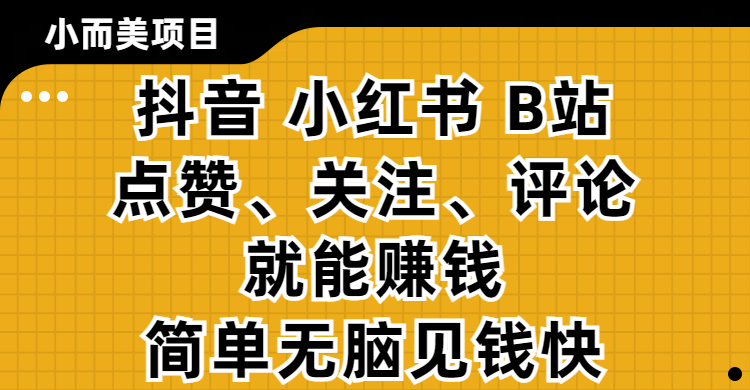 小而美的项目，抖音、小红书、B站视频点赞、关注、评论就能赚钱，简单无脑立见收益！妥妥的零撸项目-宁率网络知识库