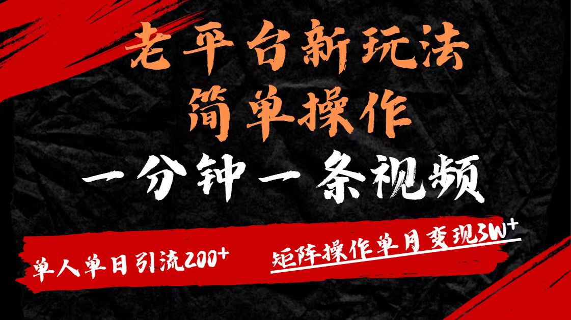 老平台，新玩法，简单操作，一分钟一条视频，单人单人引流200+矩阵操作，单月变现3W-宁率网络知识库