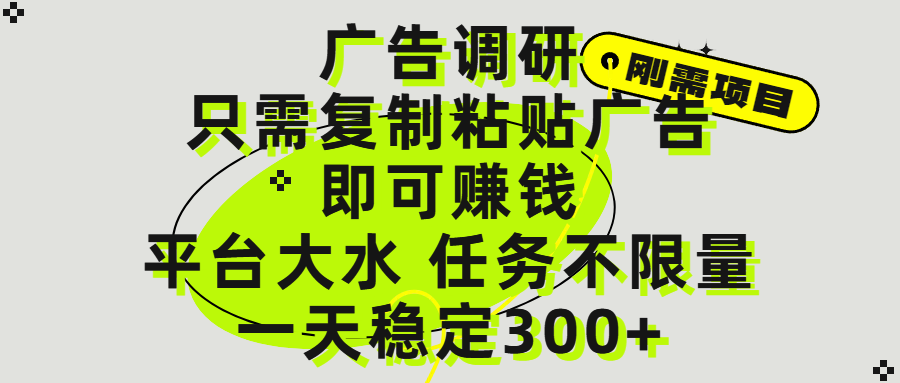 广告调研项目，只需复制粘贴广告即可赚钱，平台大水，任务不限量，一天300+-宁率网络知识库