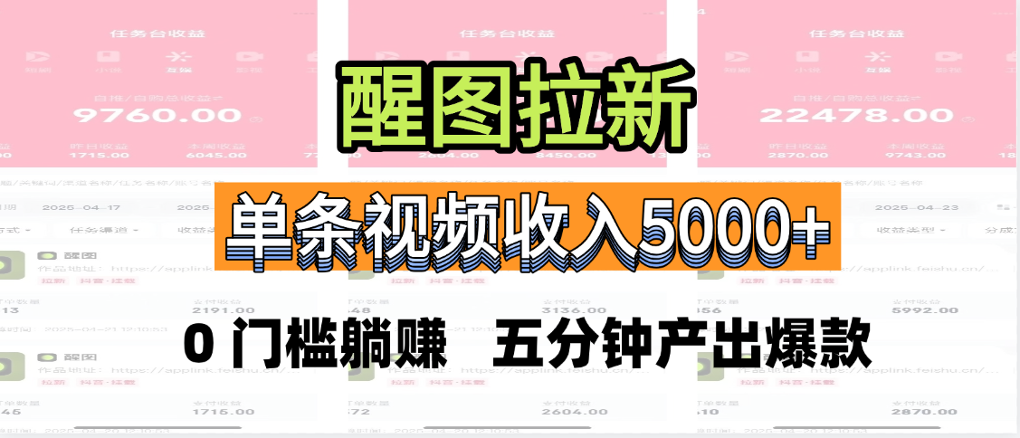 醒图拉新，0 门槛躺赚，五分钟产出爆款，单条视频收入5000+-宁率网络知识库
