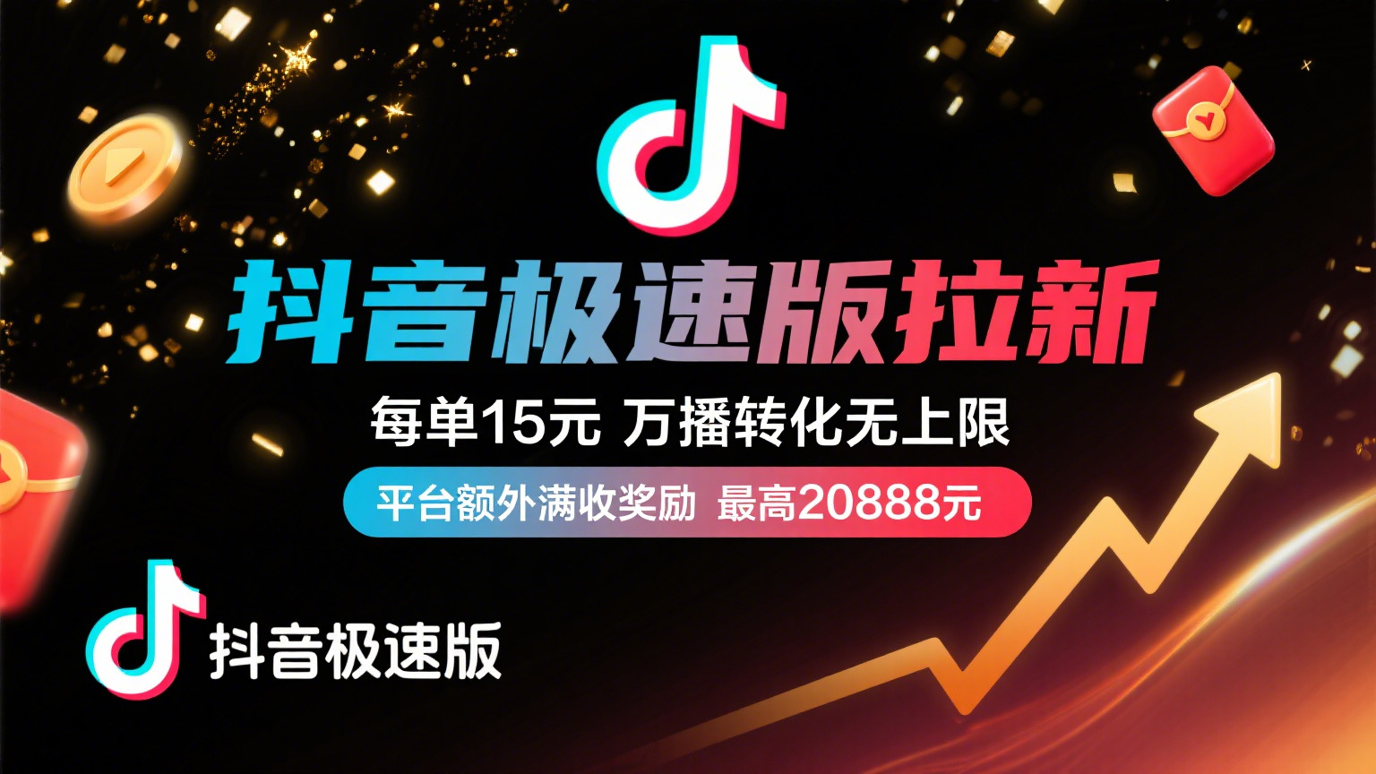 抖音极速版放福利，每单15元，万播转化无上限，平台额外满收奖励，最高可领20888元-宁率网络知识库